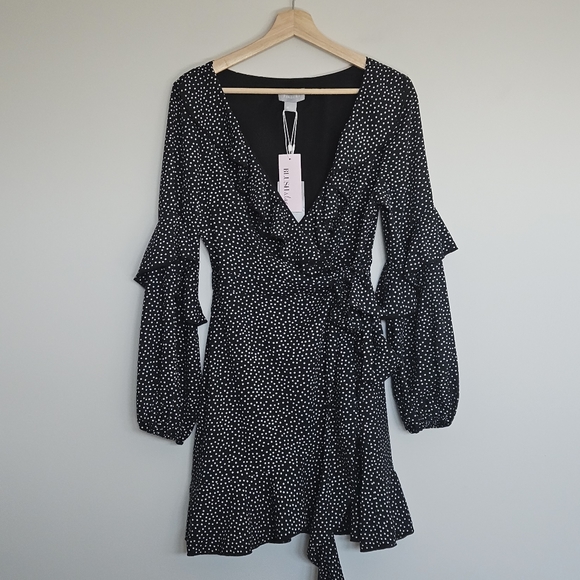 Finders Keepers Black Polka Dot Ruffle Solar Wrap Dress Medium - Picture 3 of 14